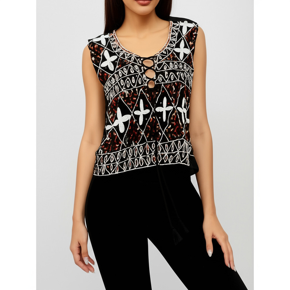 Black Multi Beaded Embroidered Lace-Up Neckline Boho Sleeveless Top